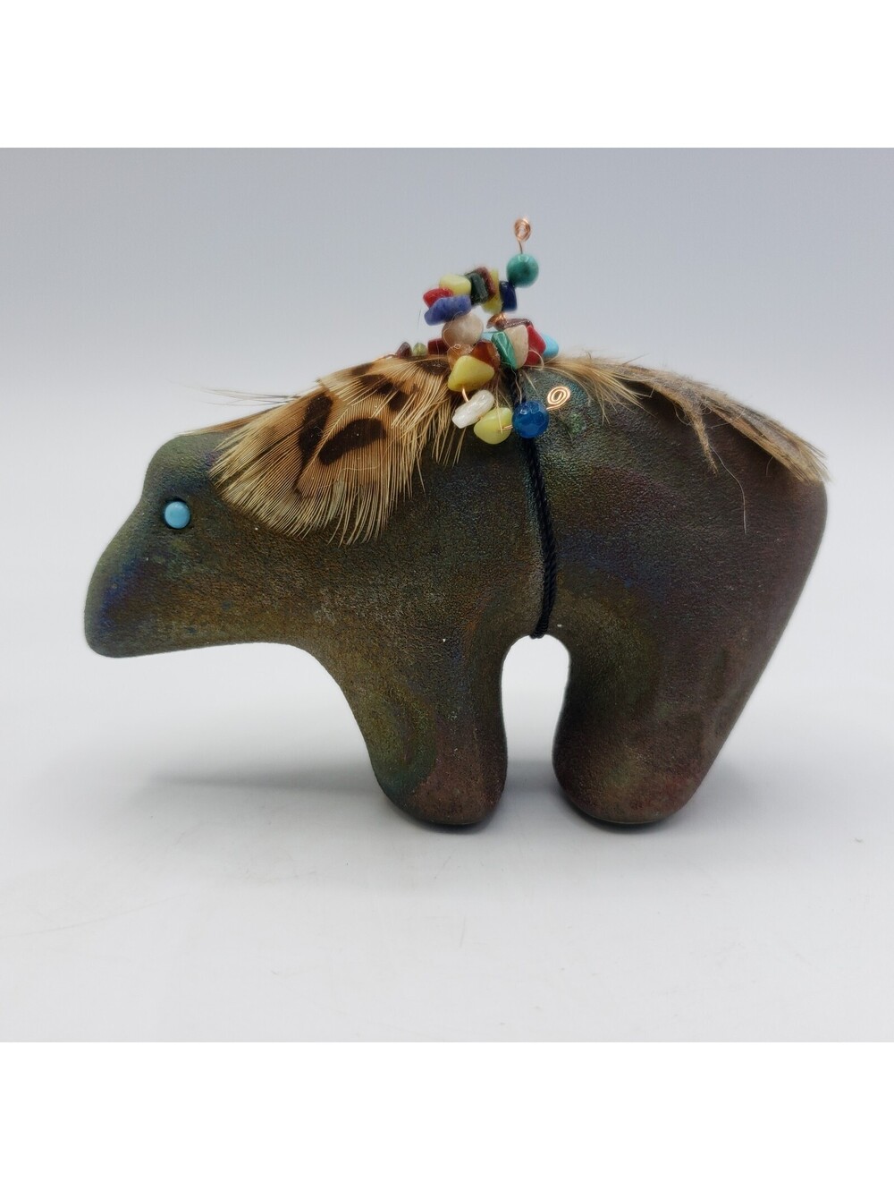 Raku Pottery Spirit Bear Fetish w Feathers & Beads By Jeremy Diller Signed New
